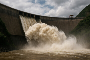 dam on the river. Powerful dam release water.
