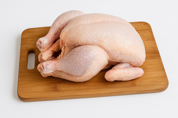 raw chicken on a wooden cutting board. Raw chicken on wooden cutting board on white background.