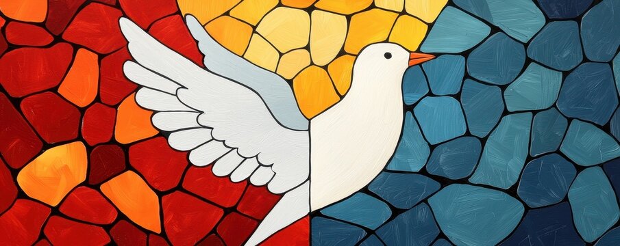 A vibrant mosaic artwork featuring a white dove against a colorful background of red, orange, yellow, and blue stones.