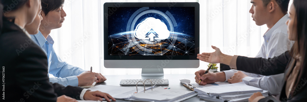 Aufkleber business intelligence and data analysis concept. analyst team working on financial data analysis das