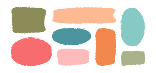 Text box crayon irregular shape, frame brush paint, rough border doodle. Grunge spot childish, round color chalk set, pastel hand drawing icon isolated on white bg. Cartoon sketch vector illustration