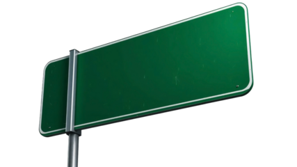 Blank green highway sign mounted on metal support isolated on transparent background