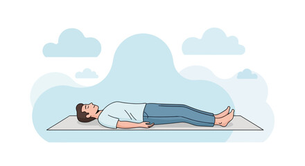 Obraz premium Man Resting On Yoga Mat, Peaceful Scene With Calm Clouds, Relaxation Concept Visualization