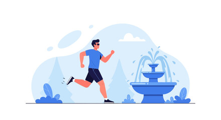 Obraz premium Man Running in Park Next to a Fountain with a Calm Day Scene Illustration
