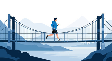 Man Running Across Suspension Bridge Depicting Healthy Lifestyle and Achieving Goals