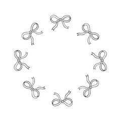 Vector round frame with bows. Hand drawn wreath, vector graphics. Line drawing, ribbon bows. Elegant frame for design and decoration, festive card with space for text.