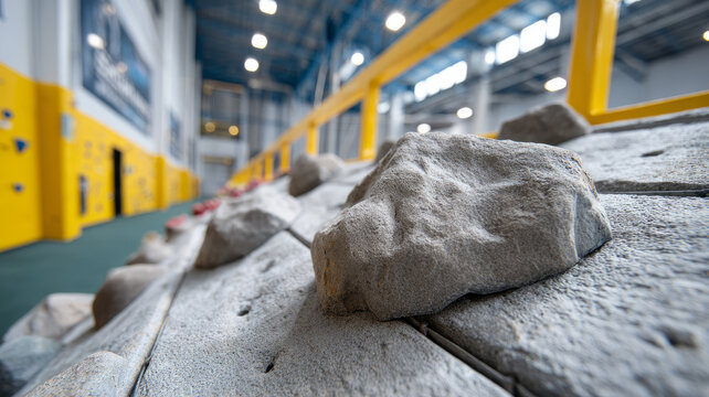Indoor climbing wall with colorful holds and a focus on rocky texture. - Powered by Adobe