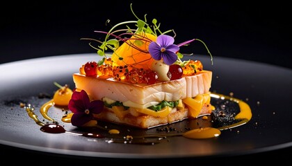 a meticulously plated gourmet dish. It features a layered structure of food, garnished with microgreens, edible flowers, and various sauces on a black plate