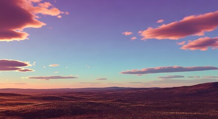 Obraz premium Panoramic view of a vast landscape at sunset with colorful clouds and distant city lights