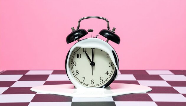 A black and white alarm clock,  covered in melting white substance, sits on a checkerboard surface against a pink background.  Time is near midnight - Powered by Adobe