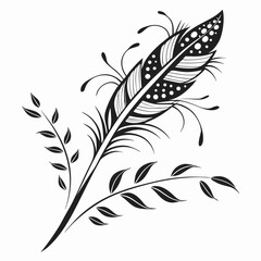 Obraz premium Elegant black and white stylized feather with decorative swirling leaves and floral elements on a clean white background