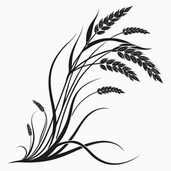 Elegant black silhouette of wheat stalks and leaves arranged in a decorative flourish against a white background symbolizing harvest and nature