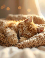 Cute Orange Cat Sleeping Peacefully on Warm Knitted Blanket