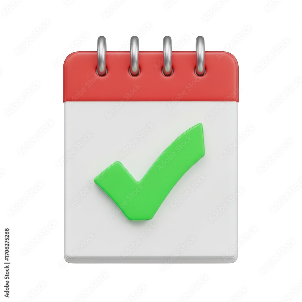 Poster a detailed 3d render of a calendar icon with a green check mark on a transparent background, ideal f