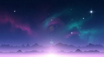 Vibrant nebula and starry sky over silhouetted mountains with bright light on the horizon