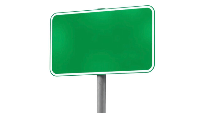Blank green highway sign mounted on metal support isolated on transparent background