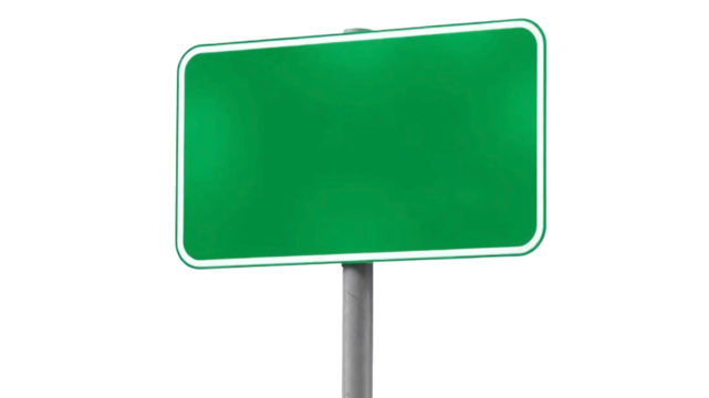 Blank green highway sign mounted on metal support isolated on transparent background