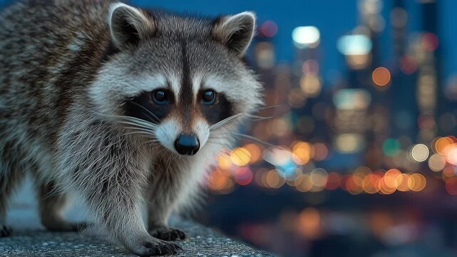 Curious raccoon explores urban edge dusk, urban skyline bokeh glow, close up wildlife mammal with soft fur, whisker detail, paw prints concrete