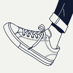 Obraz premium A minimalist line art illustration of a person s foot wearing a classic canvas sneaker with rolled up jeans and a sock against a plain background