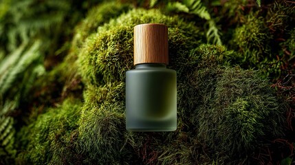 Bottiglia di olio essenziale verde su muschio, creando un'atmosfera naturale e rilassante.