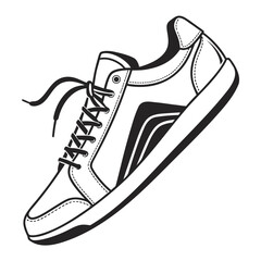 A minimalist black and white line art illustration of a single casual sneaker with laces isolated on a white background representing footwear and style