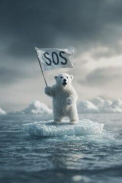 Appello per lo scioglimento dei ghiacci nell'Artico e della conseguente minaccia alla sopravvivenza degli orsi polari, rappresentato da un orso con una bandiera con la scritta "SOS".