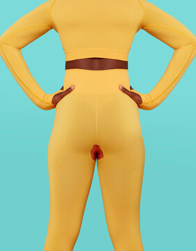 Woman in yellow workout clothes with period leak against blue