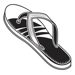 A black and white graphic illustration of a single stylish flip flop sandal viewed from an elevated perspective on a white background