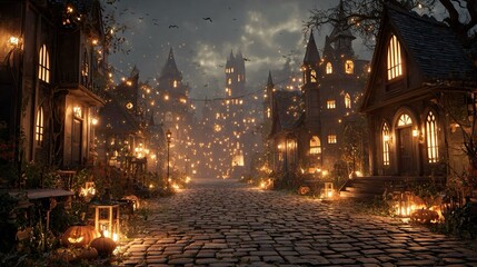 Strada notturna illuminata da luminose lampade. Atmosfera misteriosa e suggestiva. Dettagli surreali creano un'atmosfera che evoca magia, mistero e fascino
