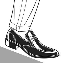 Close up illustration of a man s polished black loafer shoe with a folded cuff pant leg in a minimalist black and white style