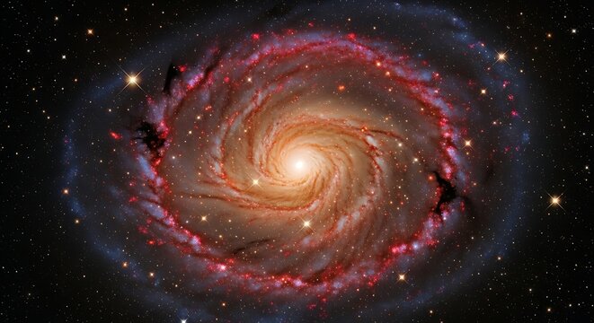 Stunning spiral galaxy with bright core and red nebula arms, deep space view of cosmic structure and star formation