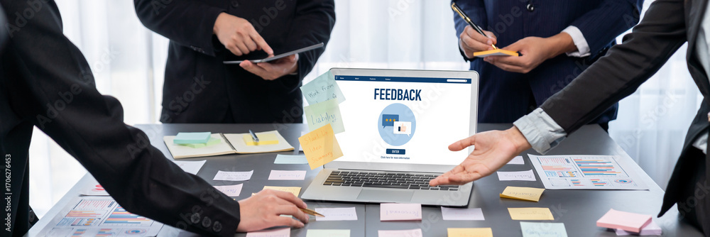 Poster Analyst team use sticky note for creative and analytic brainstorm for business idea with BI data dashboard on laptop screen. Analysis financial data visualization tech for marketing strategy. Prodigy