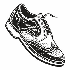 Detailed black and white illustration of a classic wingtip brogue shoe with intricate perforations and decorative stitching on a white background
