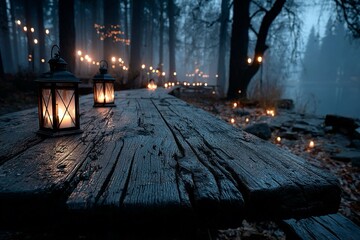 Un'immagine suggestiva mostra un tavolo di legno rustico illuminato da lanterne, in un bosco nebbioso e misterioso, adornato da luci in lontananza. Atmosfera di Halloween.