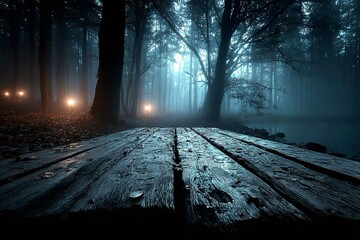 Un ponte di legno che attraversa una foresta buia, illuminata in lontananza nella nebbia. Atmosfera misteriosa, inquietante e magica.