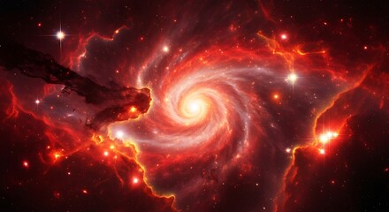 A vibrant red and orange spiral galaxy with glowing stars and nebulae in deep space