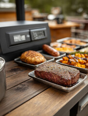 Delicious grilled steak and sides on a barbecue outdoors.