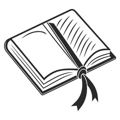 Open book with ribbon bookmark illustration in black and white symbolizing knowledge learning reading and literature perfect for educational or creative projects
