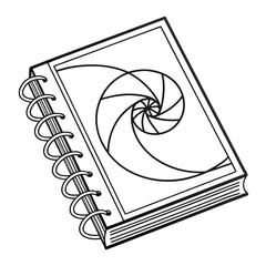 A black and white line drawing of a spiral notebook with a stylized aperture or iris design on its cover symbolizing creativity and photography