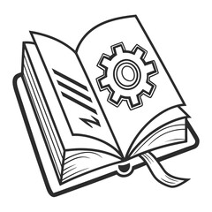 An open book with a gear symbol on one page representing technical knowledge engineering or mechanical information