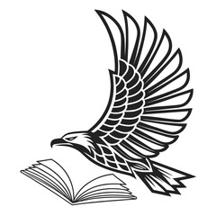 Stylized black and white illustration of a powerful eagle soaring gracefully over an open book symbolizing knowledge and wisdom