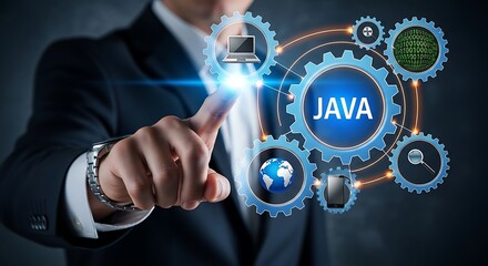 Businessman touching virtual screen with java hexagon and icons, representing programming language, software development, and application in modern technology