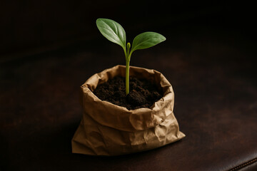 seedling in a pot. young plant in a pot. Small seedling emerging from soil in brown paper packet on dark background.