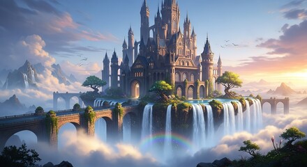 Majestic fantasy castle perched atop floating island with waterfalls and rainbow