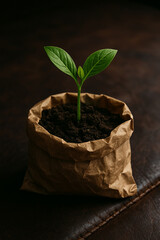 seedling in a pot. young plant in a pot. Small seedling emerging from soil in brown paper packet on dark background.