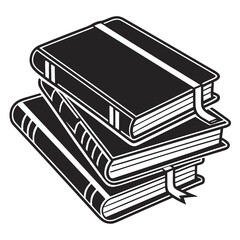 A stack of three hardcover books with ribbons presented in a simple black and white vector illustration style