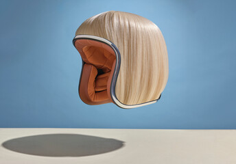 Motorcycle helmet made of blonde hair against blue background