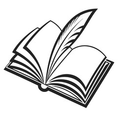 An open book with a quill pen resting on its pages symbolizing writing literature education and the art of storytelling