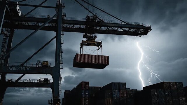 A large gantry crane lifts a shipping container at a port during a dramatic thunderstorm with a powerful lightning strike.