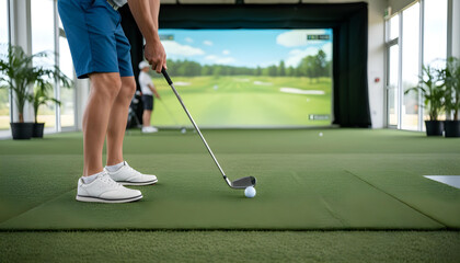 Close-up of golfer’s swing in a virtual golf simulator.